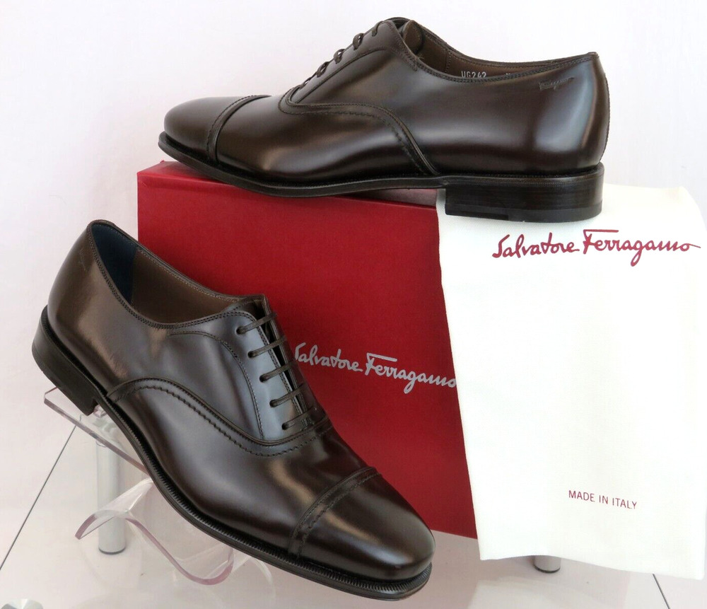 NIB FERRAGAMO SEUL DARK BROWN POLISHED LEATHER CAP TOE LOGO OXFORDS 12 D